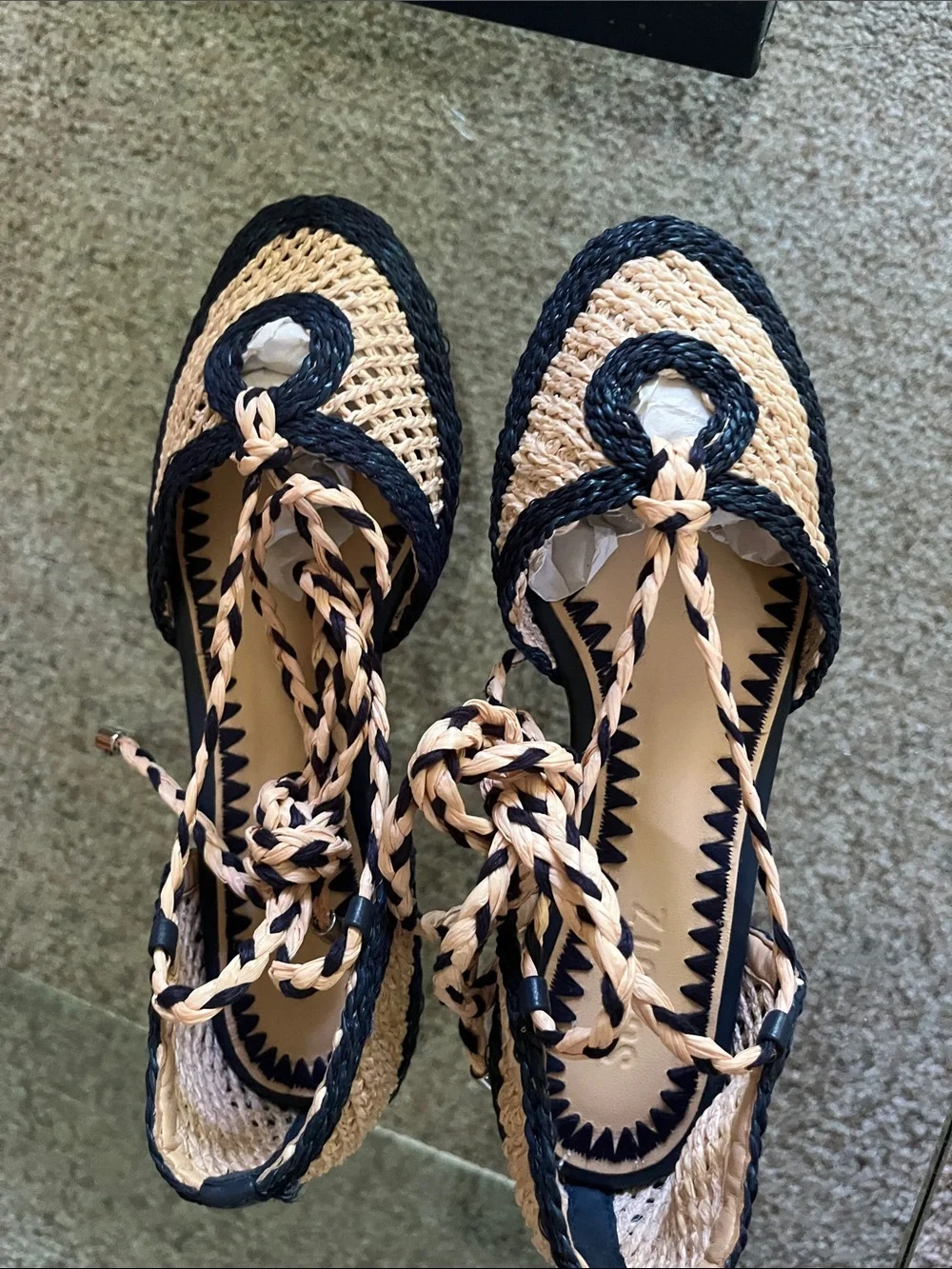 SCHUTZ Two-Tone Braided Espadrille Flats in Beige and blue